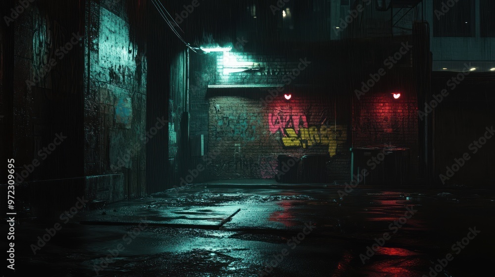 A dimly lit urban alley with graffiti and reflections on wet pavement. A dimly lit urban alley with graffiti and reflections on wet pavement.