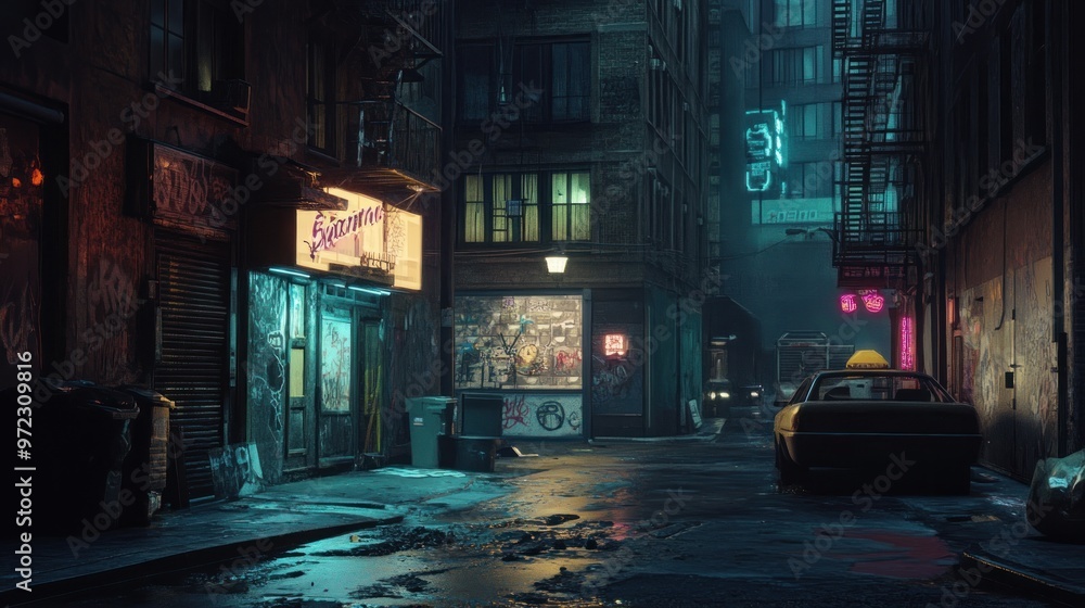 A moody urban alleyway at night with neon lights and a vintage taxi. A moody urban alleyway at night with neon lights and a vintage taxi.