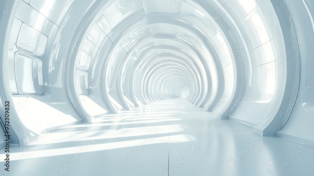 Futuristic white corridor with sleek, curved walls and bright lighting creating a serene atmosphere. Futuristic white corridor with sleek, curved walls and bright lighting creating a serene atmosphere.