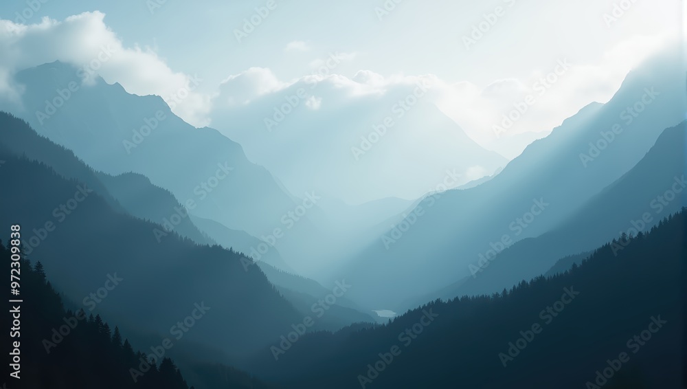 Obraz premium Misty Mountain Landscape with Blue Sky and Clouds