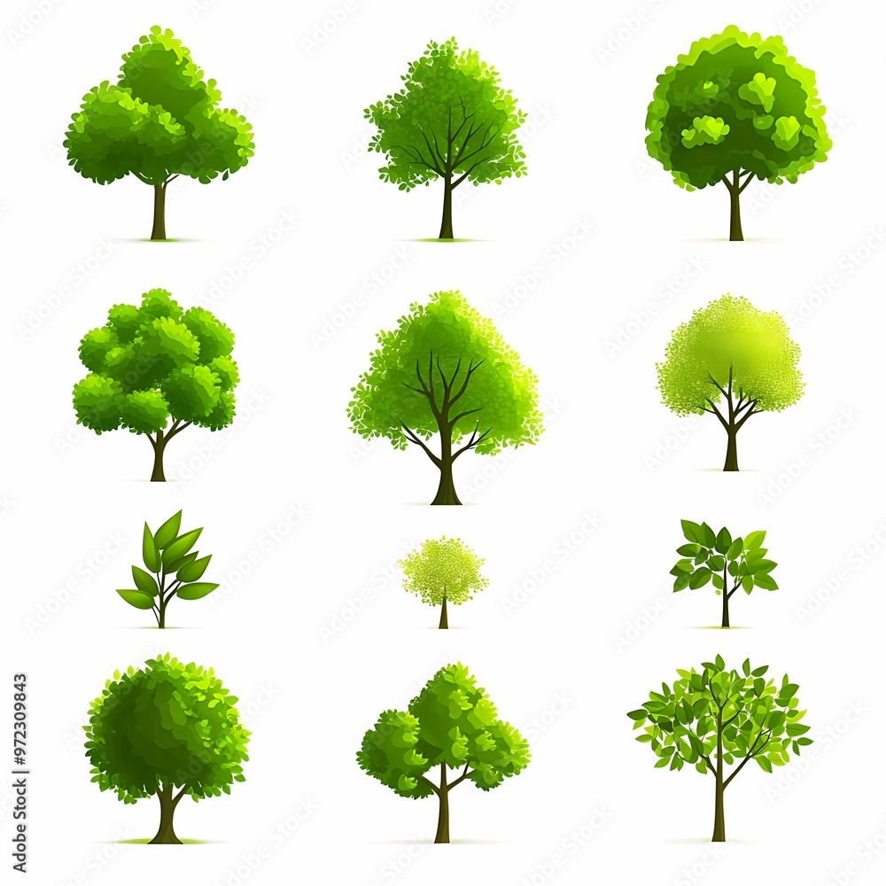 Fototapeta premium Set of green trees on white background. Go green.