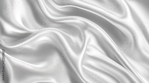 A close-up of luxurious white satin fabric, showcasing delicate folds and a smooth, shiny texture.