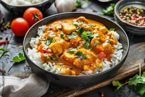 Chicken curry served over rice. Perfect for websites or blogs showcasing Indian food.