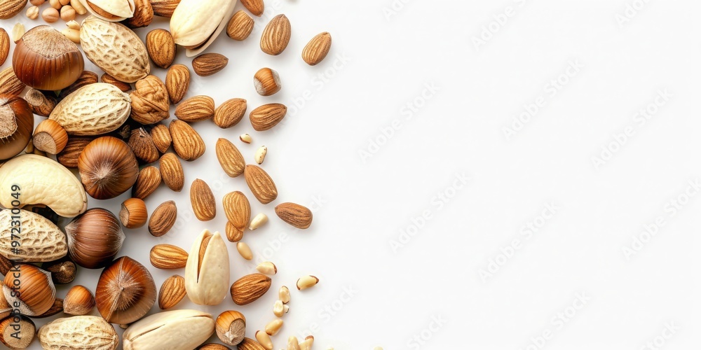 A creative layout made of various nuts including hazelnuts, almonds, walnuts, peanuts, and pecans, isolated on a white background. Perfect for healthy snacking and gourmet cooking. A creative layout made of various nuts including hazelnuts, almonds, walnuts, peanuts, and pecans, isolated on a white background. Perfect for healthy snacking and gourmet cooking.
