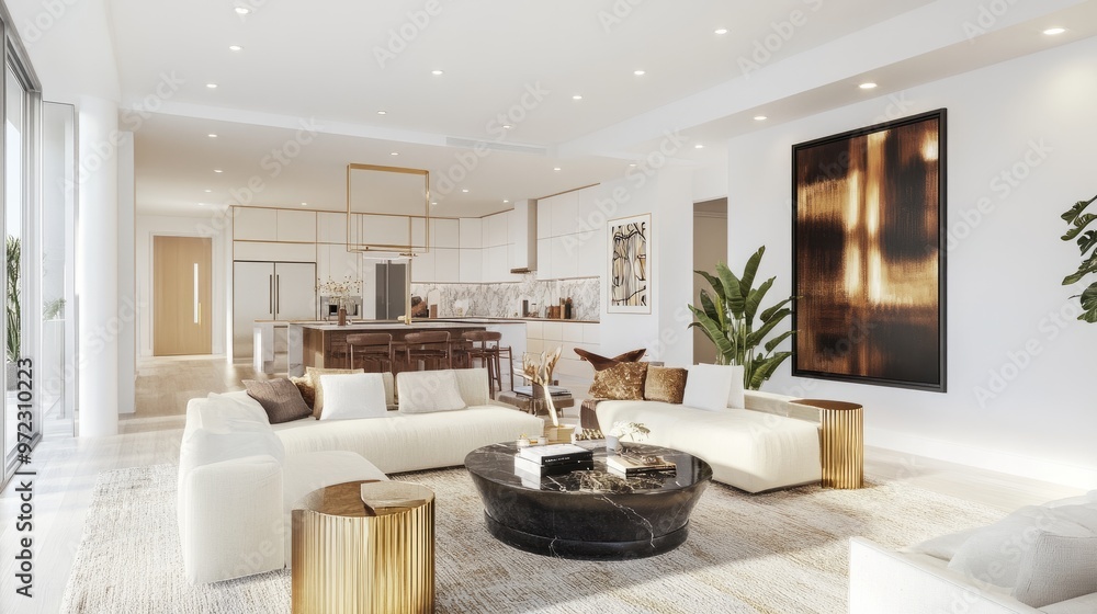 Spacious, bright living room with an open floor plan, featuring plush seating, gold accents, and a statement art piece. Spacious, bright living room with an open floor plan, featuring plush seating, gold accents, and a statement art piece.