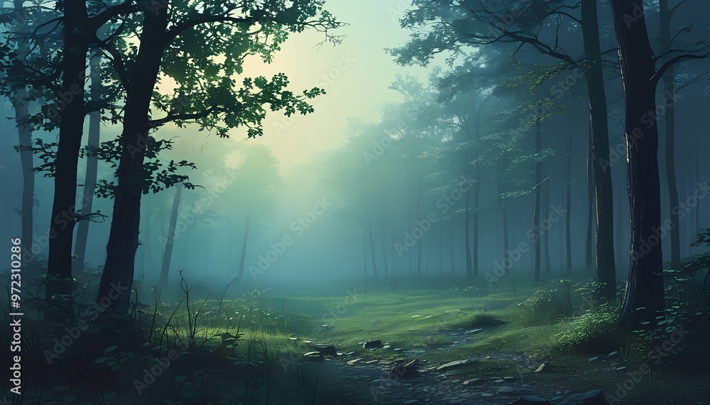 fog in the forest A misty morning forest scene with grainy gradients transitioning from deep blues to soft greens fog in the forest A misty morning forest scene with grainy gradients transitioning from deep blues to soft greens