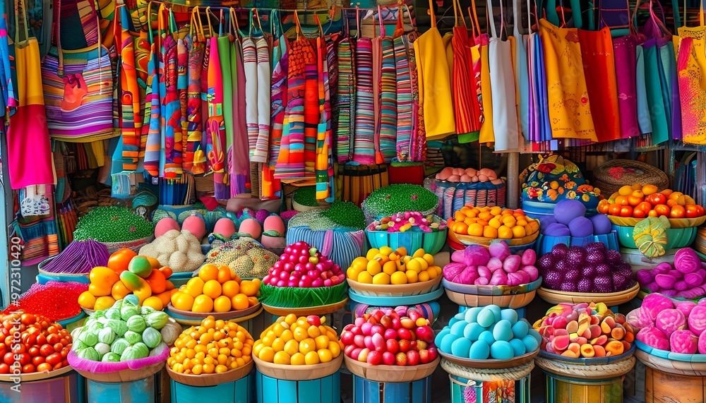 Fototapeta premium bright, colorful market scene with stalls filled with vibrant produce