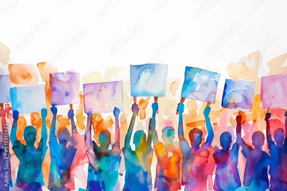Crowd of people with banners and placards, public rally, democratic protest. Watercolor illustration. Crowd of people with banners and placards, public rally, democratic protest. Watercolor illustration.