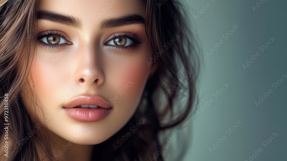 A stunning Persian woman with deep brown eyes and dark brown hair, her soft pink blush