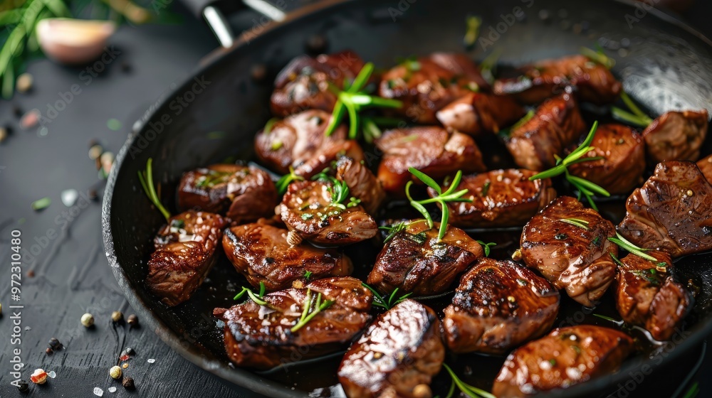 Sizzling, juicy beef cubes in a pan. A mouthwatering image for recipes, articles, or blog posts about cooking beef. Sizzling, juicy beef cubes in a pan. A mouthwatering image for recipes, articles, or blog posts about cooking beef.