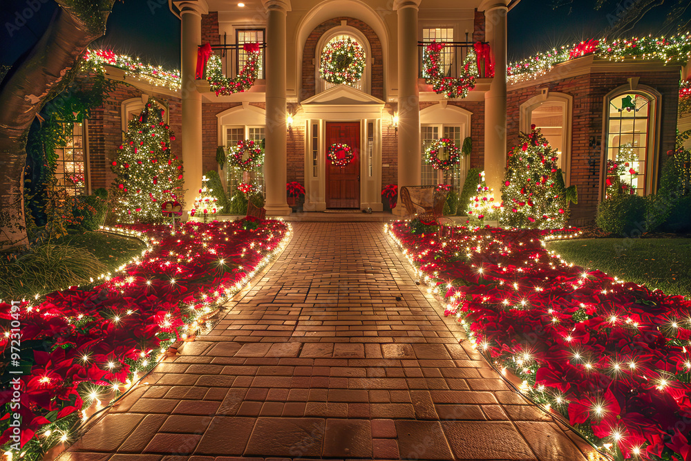 Brick pathway leading to home decorated for christmas at night Brick pathway leading to home decorated for christmas at night