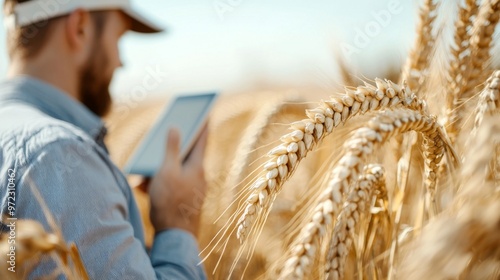 Farmer managing harvest with tablet and cell phone in ripened grain field, Alcomdale, Alberta, Canada, showcasing modern agriculture and technology integration.