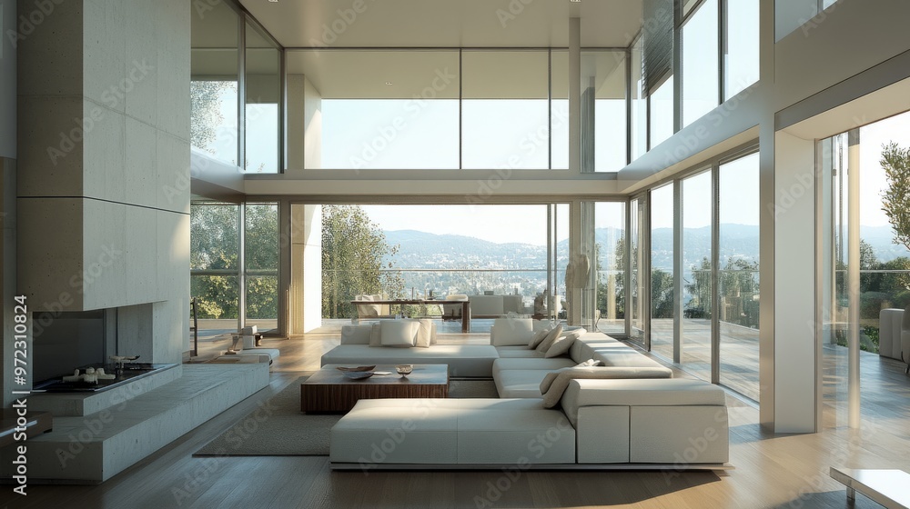Spacious living room with floor-to-ceiling windows, a modern fireplace, and designer furnishings in soft neutral tones. Spacious living room with floor-to-ceiling windows, a modern fireplace, and designer furnishings in soft neutral tones.