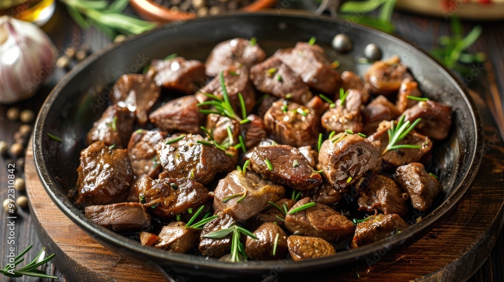 A close-up photo of seasoned meat in a pan. This photo is perfect for showcasing savory dishes or highlighting the deliciousness of a well-prepared meal. A close-up photo of seasoned meat in a pan. This photo is perfect for showcasing savory dishes or highlighting the deliciousness of a well-prepared meal.