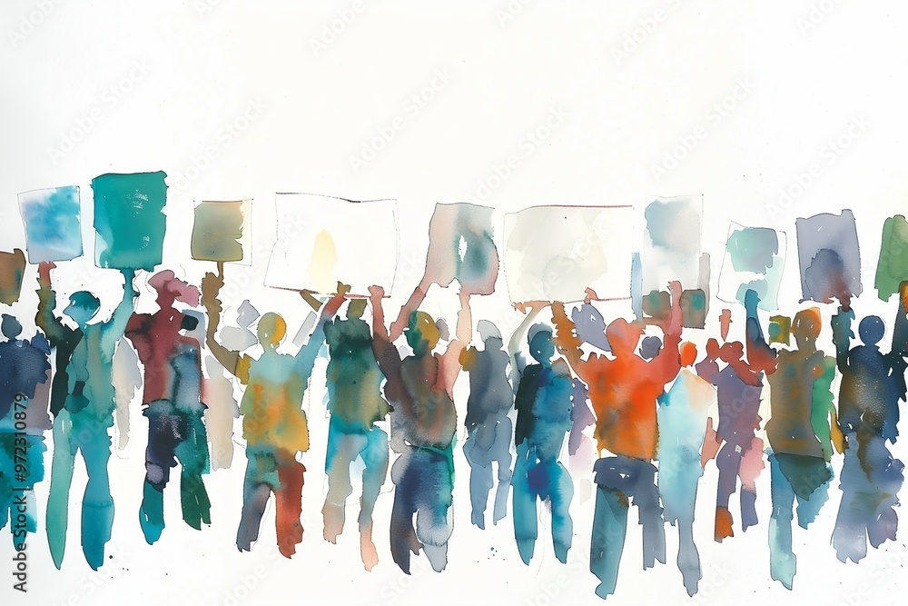 Fototapeta premium Crowd of people with banners and placards, public rally, democratic protest. Watercolor illustration.