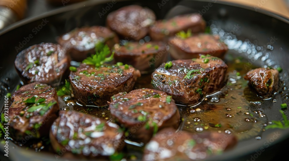 Close-up of seared meat in a pan. This photo can be used for advertising cooking supplies, recipe websites, or food blogs. Close-up of seared meat in a pan. This photo can be used for advertising cooking supplies, recipe websites, or food blogs.
