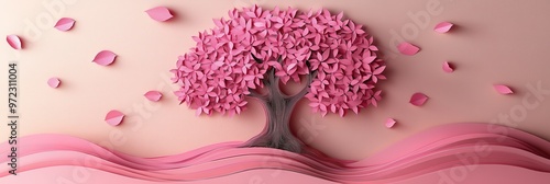 Breast Cancer Awareness Tree with Pink Ribbon Roots Symbolizing Support and Hope in Paper Cutting Style