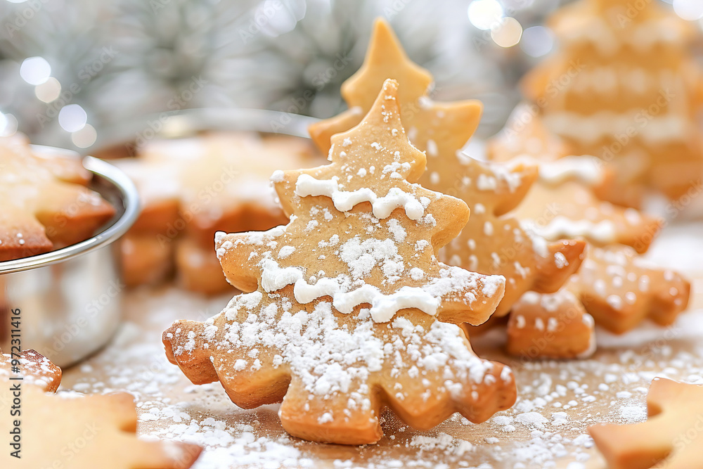 Close up of christmas tree shaped cookies covered in icing sugar Close up of christmas tree shaped cookies covered in icing sugar