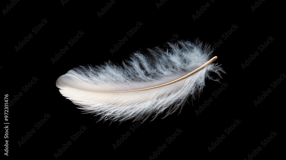 Obraz premium Single white feather isolated on black background.