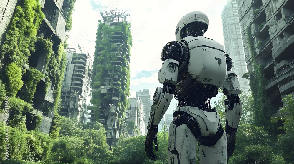 A futuristic robot strides through a desolate city, now overtaken by nature. Skyscrapers are crumbling, vines creeping up buildings, blending metal with greenery A futuristic robot strides through a desolate city, now overtaken by nature. Skyscrapers are crumbling, vines creeping up buildings, blending metal with greenery