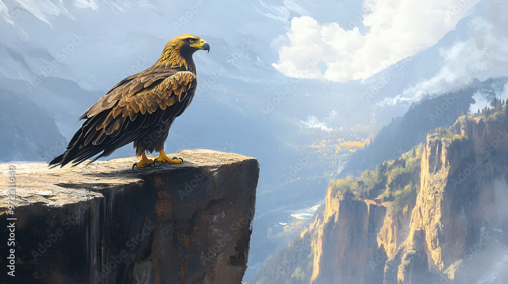 Fototapeta premium A regal golden eagle perched on a cliff edge