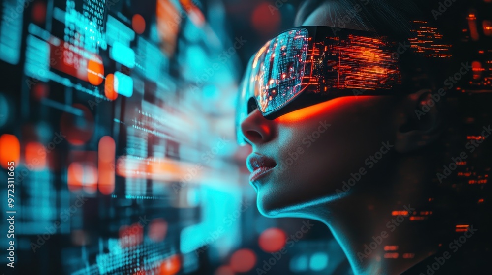 A futuristic woman wearing high-tech glasses, surrounded by digital data and visuals. A futuristic woman wearing high-tech glasses, surrounded by digital data and visuals.