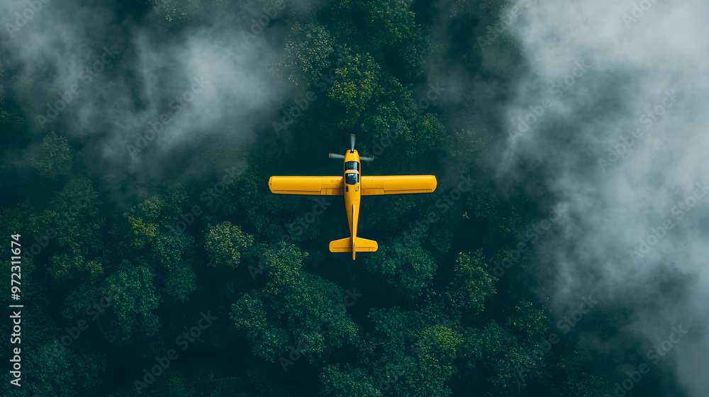 Aerial view of a yellow airplane flying over a dense forest with clouds. Aerial view of a yellow airplane flying over a dense forest with clouds.