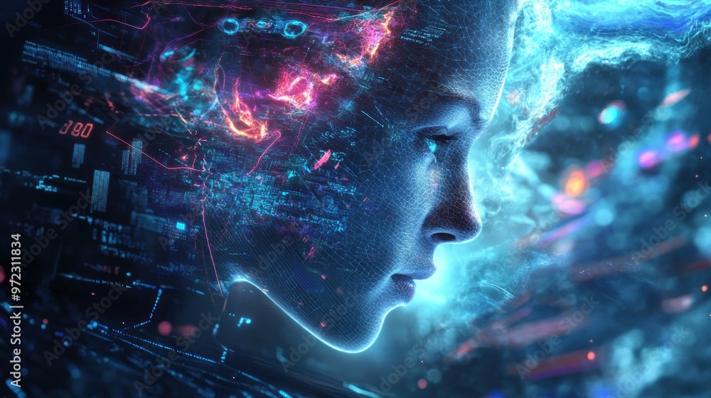 A futuristic profile of a human head intertwined with digital elements and vibrant colors. A futuristic profile of a human head intertwined with digital elements and vibrant colors.