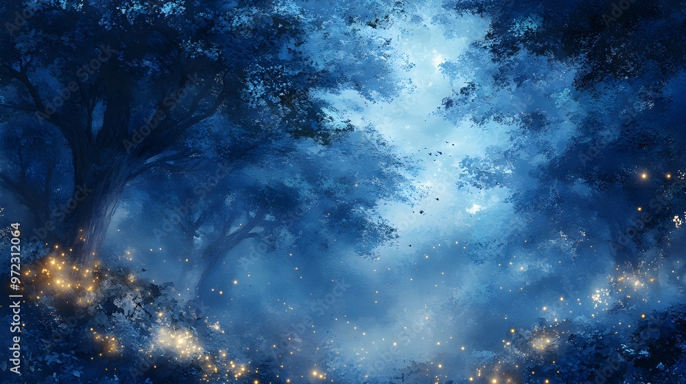 Fototapeta premium Enchanted forest with towering ancient trees, glowing fireflies hovering around mystical blue mist, Fantasy, Watercolor, soft light, magical and serene atmosphere