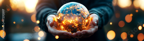 Person holding a globe filled with glowing ideas, representing global creativity in business, world of ideas, international business innovation