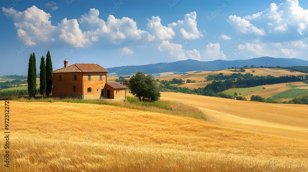 A quaint farmhouse in the countryside, standing proudly amidst endless golden wheat fields, under the perfect summer sky, peaceful and inviting A quaint farmhouse in the countryside, standing proudly amidst endless golden wheat fields, under the perfect summer sky, peaceful and inviting
