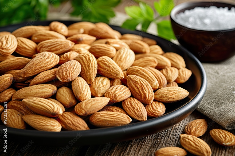 A plate of almonds with salt in a rustic setting. A plate of almonds with salt in a rustic setting.