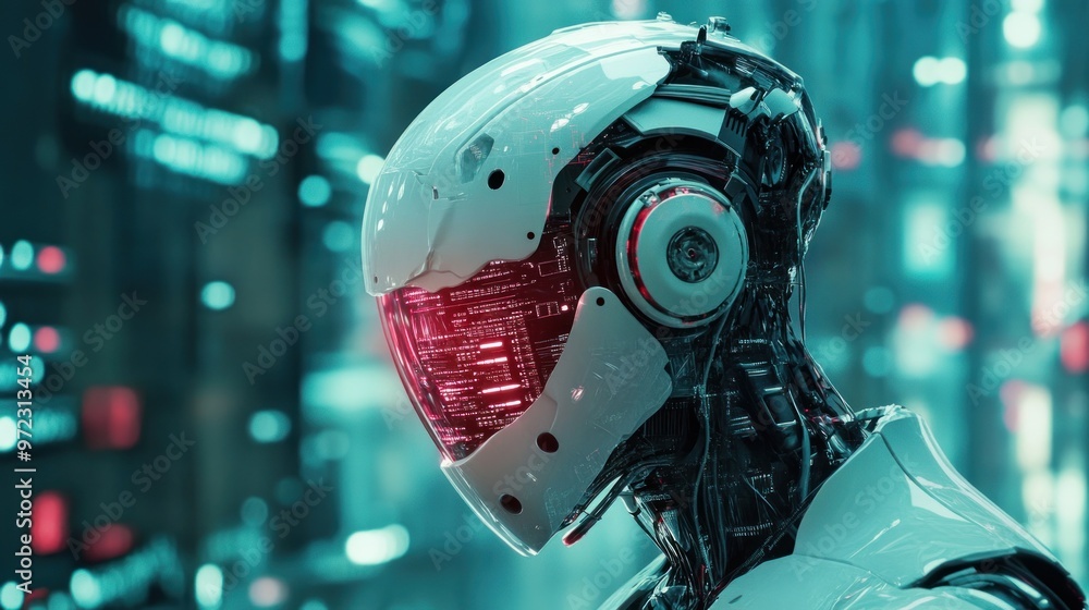 Futuristic robotic head with glowing elements in a high-tech urban environment. Futuristic robotic head with glowing elements in a high-tech urban environment.