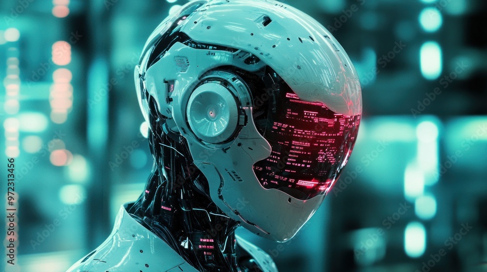 A futuristic robotic head with glowing elements, showcasing advanced technology and design. A futuristic robotic head with glowing elements, showcasing advanced technology and design.
