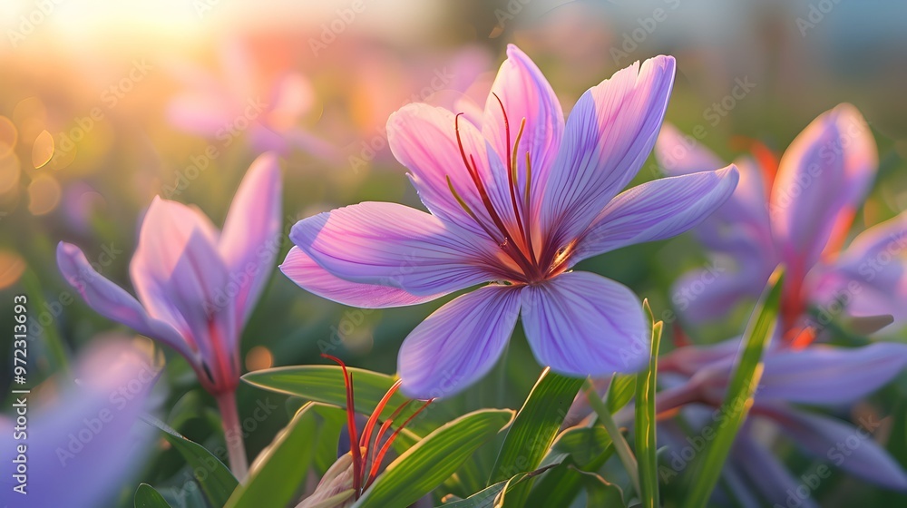 Purple Saffron Flower in a Field at Sunset Purple Saffron Flower in a Field at Sunset