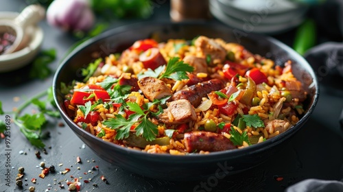 A close-up shot of a plate of paella. This photo can be used for food blogs, recipe websites, or restaurant menus.