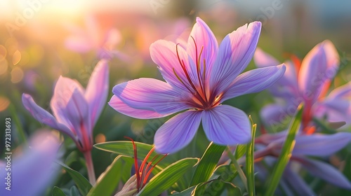 Purple Saffron Flower in a Field at Sunset