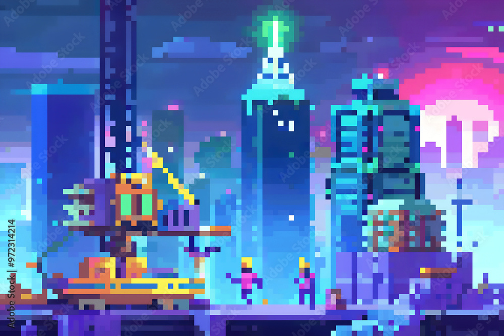 Obraz premium Vibrant Cityscape at Sunset with Construction and Neon Lights