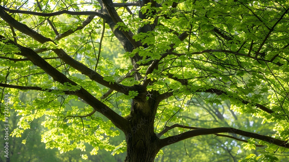 Fototapeta premium Sunlight Filtering Through Lush Green Tree Canopy