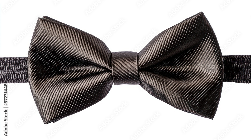 Elegant black bow tie, showcasing a textured design on a pristine white background. Elegant black bow tie, showcasing a textured design on a pristine white background.