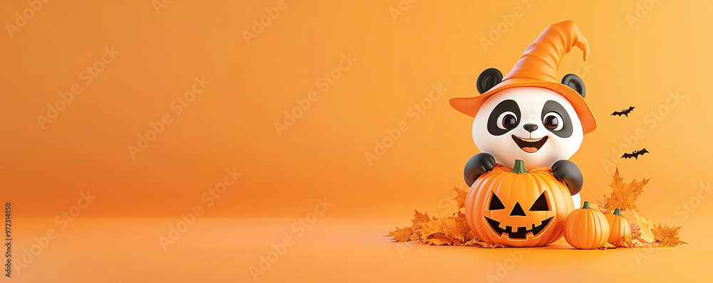 A cute panda in a witch hat surrounded by Halloween pumpkins on a vibrant orange background, perfect for festive themes. A cute panda in a witch hat surrounded by Halloween pumpkins on a vibrant orange background, perfect for festive themes.