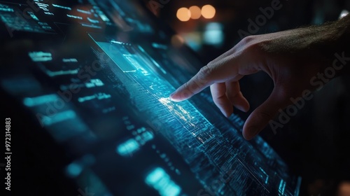 Wallpaper Mural A hand interacts with a futuristic touch screen interface, with data and graphics displayed in a blue and white color scheme. Torontodigital.ca