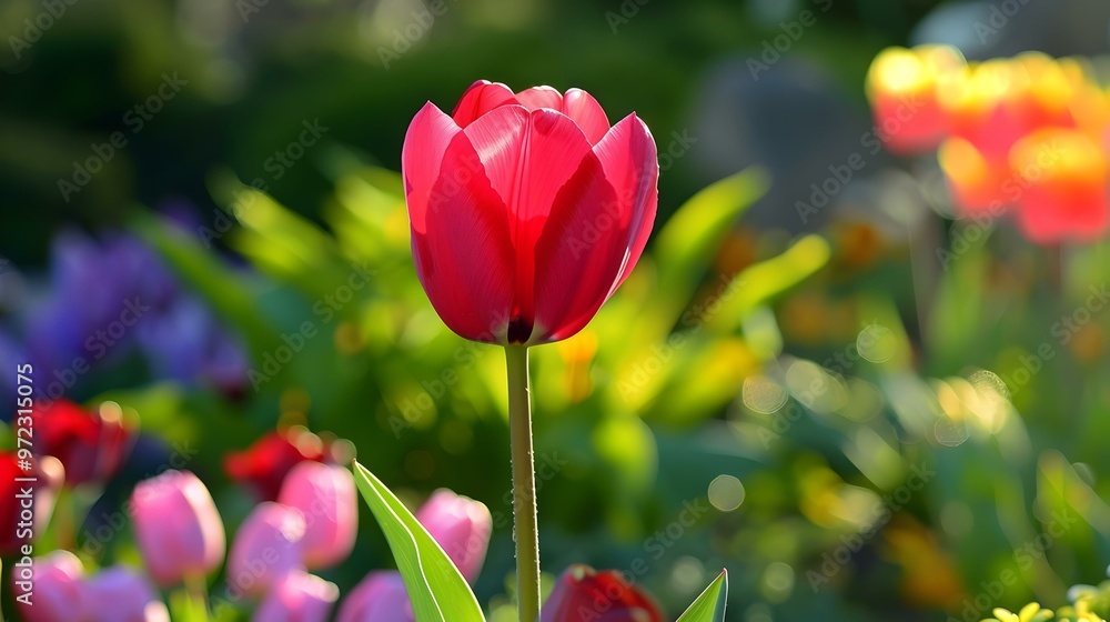 Vibrant Red Tulip in a Garden of Spring Flowers Vibrant Red Tulip in a Garden of Spring Flowers