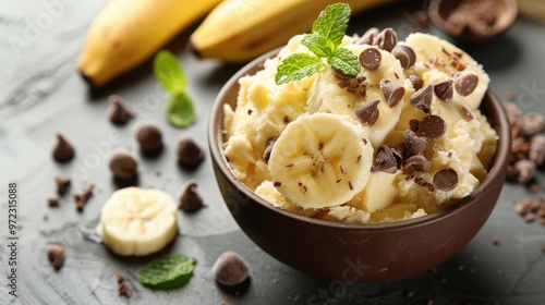 Delicious banana ice cream with chocolate. This photo captures the perfect summer treat, ideal for showcasing ice cream recipes, desserts, or healthy snack ideas.