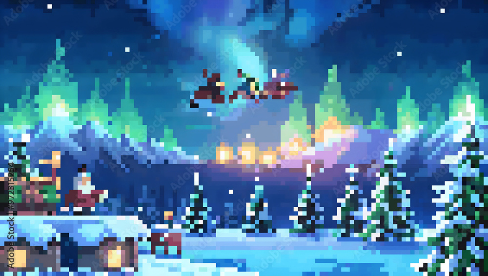 Pixel Art Winter Wonderland Santa's Sleigh Over Snowy Village Pixel Art Winter Wonderland Santa's Sleigh Over Snowy Village