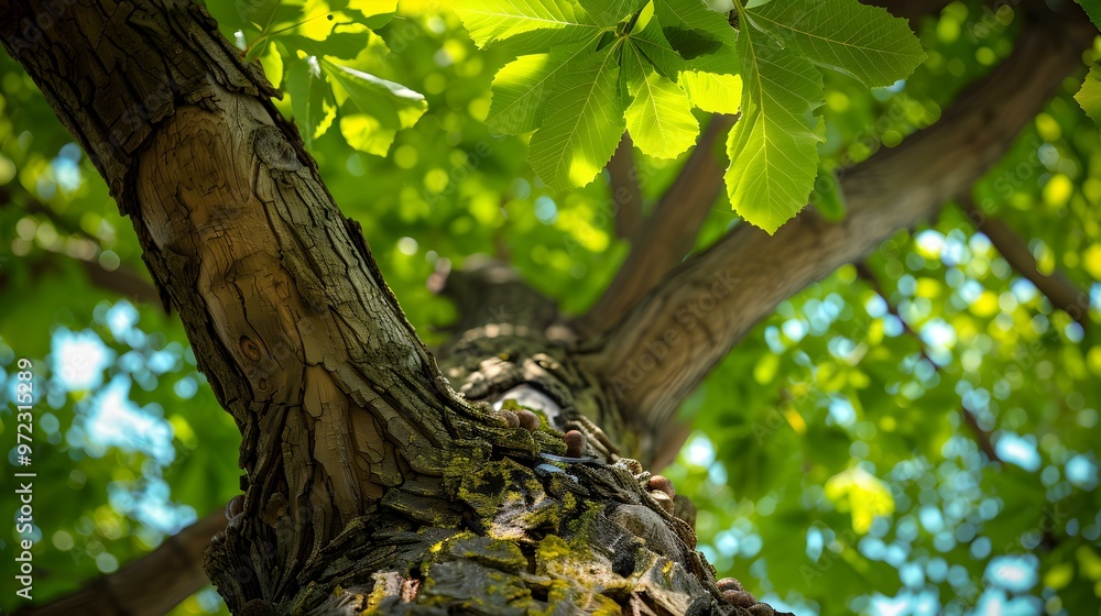 Fototapeta premium Close-Up of a Tree Trunk with Green Leaves