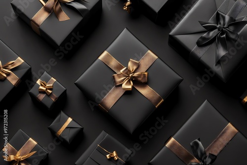 Black Gift Boxes with Gold and Black Ribbons on a Dark Background photo