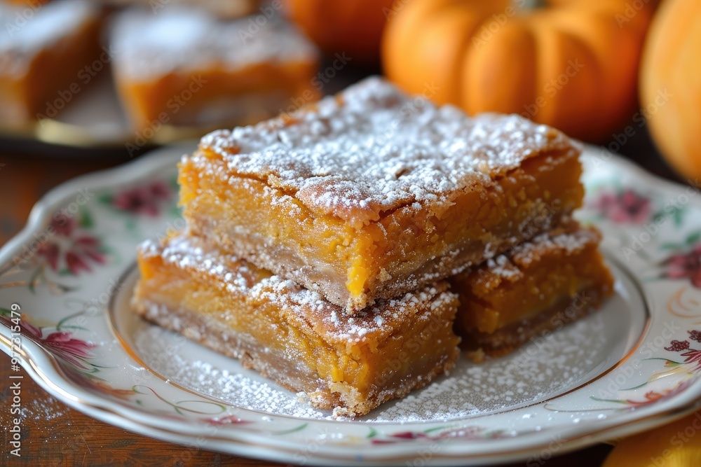 Pumpkin bars with powdered sugar. Perfect image for recipes, baking blogs, and food articles. Pumpkin bars with powdered sugar. Perfect image for recipes, baking blogs, and food articles.