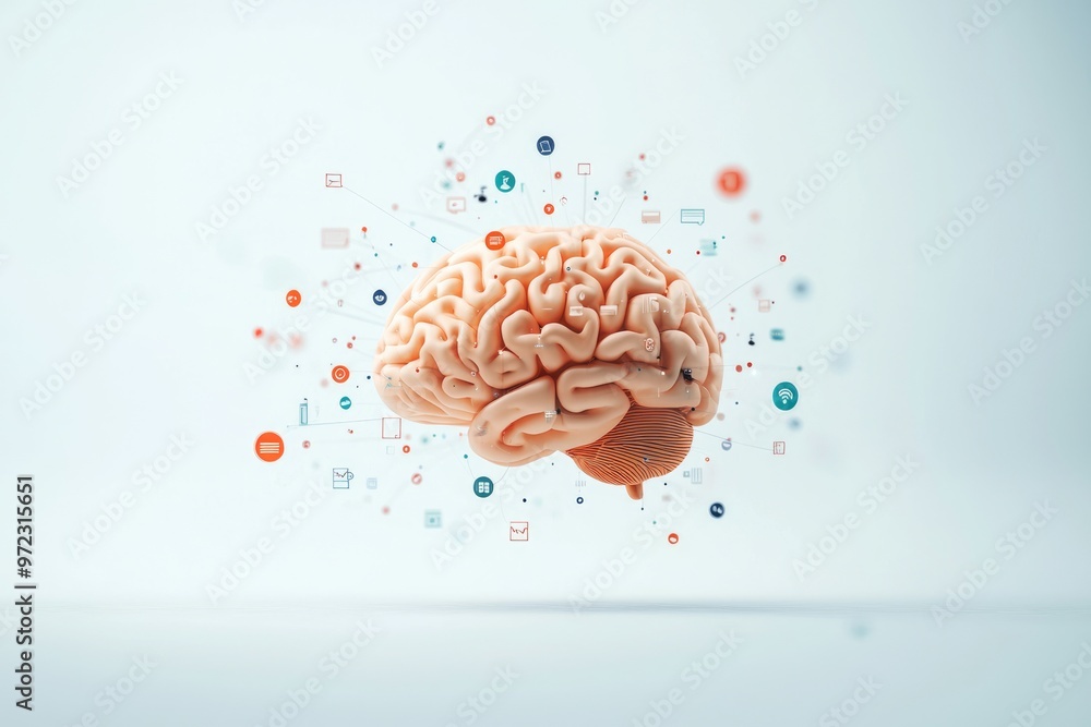 Human brain made of swirling digital lines and business icons, representing creative business ideas, idea brain, complex business thinking Human brain made of swirling digital lines and business icons, representing creative business ideas, idea brain, complex business thinking