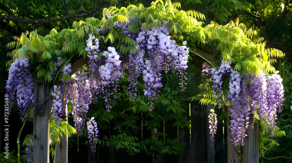 Obraz premium Wisteria Flowers Blooming on a Garden Trellis